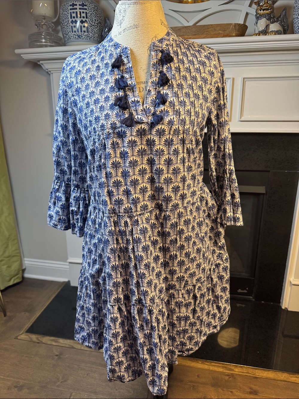 Tommy Bahama Blue & White Printed Mini Dress with Tassel Trim small